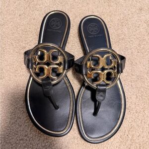 Tory Burch Black Leather Gold Plated Logo Thong Sandals